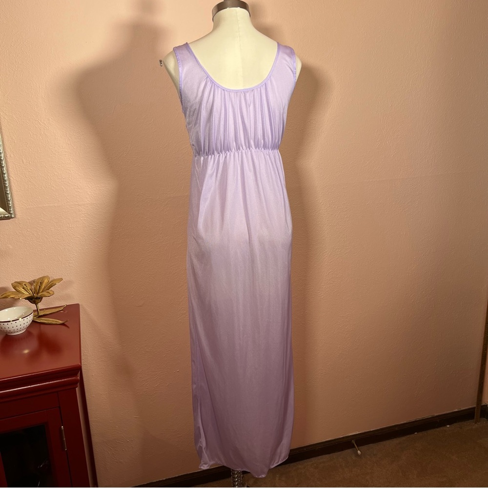 Vintage Retro Pastel Purple Satin Peek A Boo Lace Long Slip dress Night Gown - Picture 5 of 15